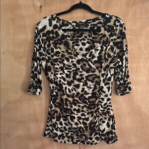 Black and White Wrap Blouse with 3/4 Sleeves